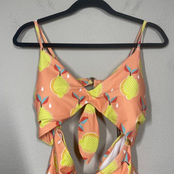 ModCloth Plus 1X The Siena One-Piece Swimsuit Pink Yellow Fruit Print Bow Front - Picture 5 of 10